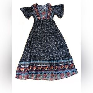 KIRUNDO Womens Tiered Maxi Dress, Flutter Sleeve Spring/Fall Boho Peasant Medium